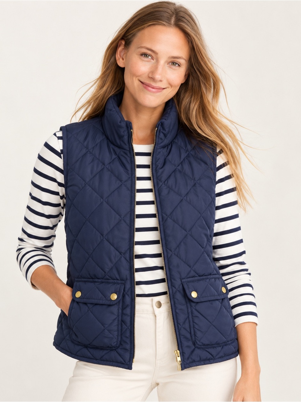 J.Crew Navy Quilted Down Puffer Vest Women’s Large Gold Snap Pockets